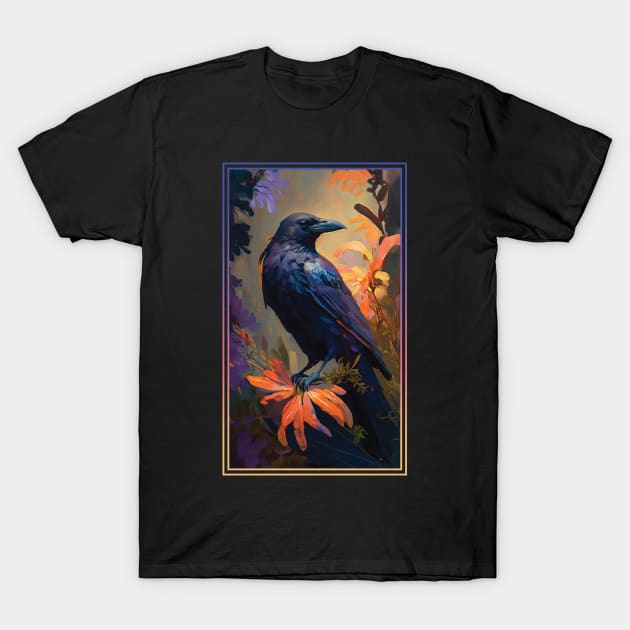 Crow Vibrant Tropical Flower Tall Digital Oil Painting Portrait T-Shirt by ArtHouseFlunky